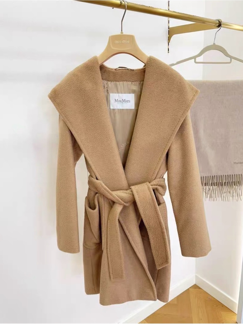MaxMara Camel Wrap Coat with Wide Shawl Collar and Belt